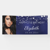 Birthday marineblauw zilversterren spandoek (Horizontaal)