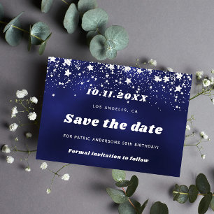 Birthday marineblauwe witte sterren save the date