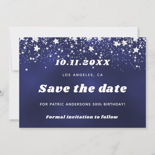Birthday marineblauwe witte sterren save the date (Voorkant)