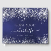 Birthday marinesblauwe zilverglitter monogram gastenboek (Voorkant)
