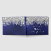 Birthday marinesblauwe zilverglitter monogram gastenboek (Volledig)