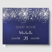 Birthday marinesblauwe zilverglitter monogram gastenboek (Voorkant)