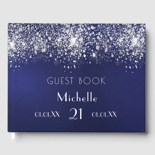 Birthday marinesblauwe zilverglitter monogram gastenboek (Voorkant)