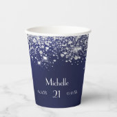 Birthday marinesblauwe zilverglitter monogram papieren bekers (Voorkant)