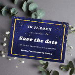 Birthday marjoblauw goud met uitzondering van de d save the date<br><div class="desc">A Sparen de Datum voor een 50e (of om het even welke leeftijd) verjaardagspartij. Een blauwe achtergrond voor de marine. Gedemoreerd met een gouden lijst en confetti. Voor hem en haar.</div>