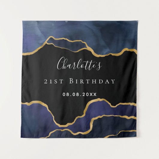 Birthday marjolein blauw zwart goudgas wandkleed (Voorkant)