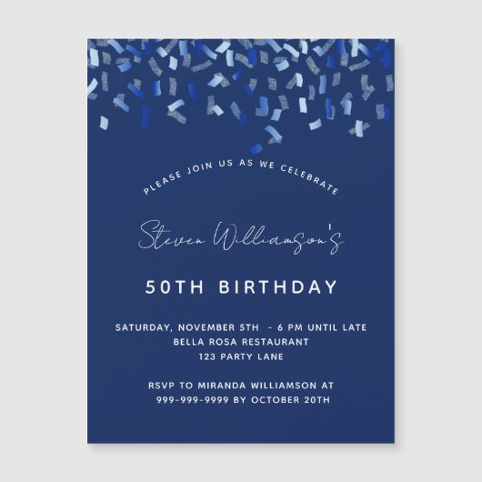 Birthday marvy blue confetti mannen nodigmagnet ui (Voorkant)