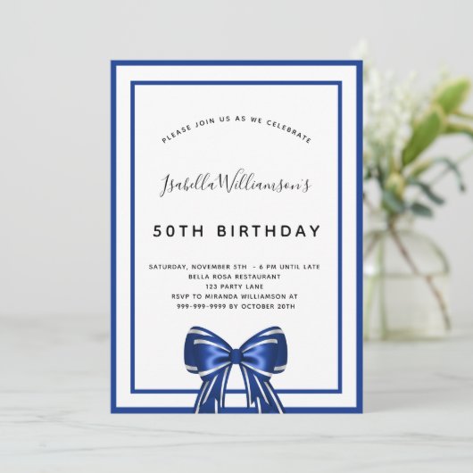 Birthday marvy blue elegant boegschrift kaart (Staand voorkant)