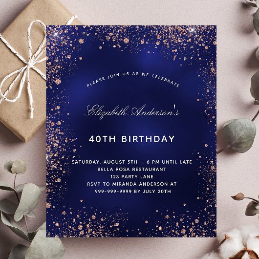 Birthday marvy blue roos gold budget uitnodiging flyer