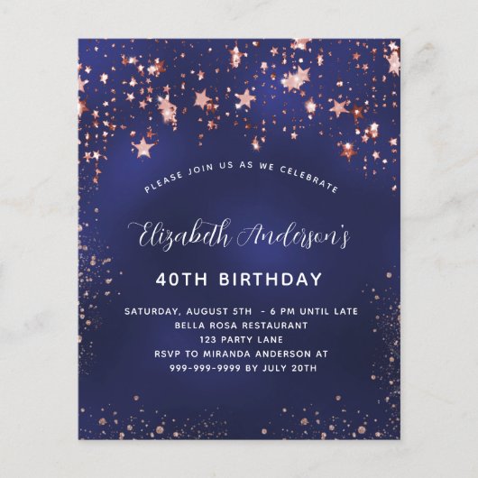 Birthday marvy blue roos gold budget uitnodiging flyer (Voorkant)