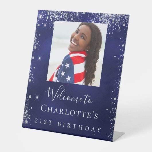 Birthday marvy blue Silglitter foto welkom Reclamebord Met Voetstuk (Voorkant)