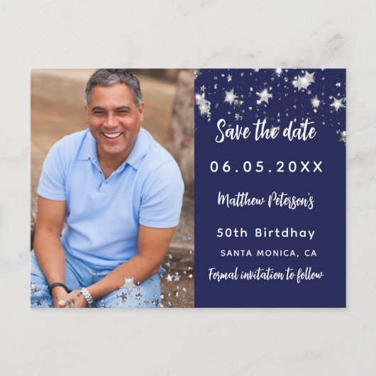 Birthday marvy blue Silver-foto, behalve de datum Aankondigingskaart (Voorkant)