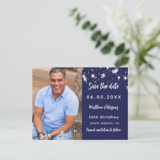 Birthday marvy blue Silver-foto, behalve de datum Aankondigingskaart (Staand voorkant)