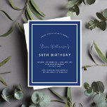Birthday marvy blue white budget uitnodiging flyer<br><div class="desc">Houd er rekening mee dat deze uitnodiging op flyerpapier staat en erg dun is. Enveloppen zijn niet inbegrepen. Voor dikkere uitnodigingen (zelfde ontwerp) gelieve onze opslag te bezoeken. Een moderne,  elegante en uitnodiging. Een marineblauwe achtergrond versierd met witte lijsten. Personaliseer en voeg een naam en details toe. Witte tekst.</div>