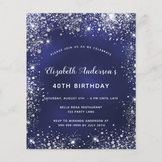 Birthday marvy blue white glitter budget uitnodigi flyer (Voorkant)
