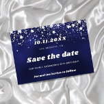 Birthday marvy blue zilsterren save date card save the date<br><div class="desc">A Sparen de Datum voor een 50e (of om het even welke leeftijd) verjaardagspartij. Een blauwe achtergrond voor de marine. De blauwe kleur is ongelijk. Gedrooid met faux zilveren sterren. Voor hem en haar.</div>