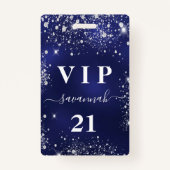 Birthday marvy blue zilver glitter vip uitnodiging badge (Voorkant)
