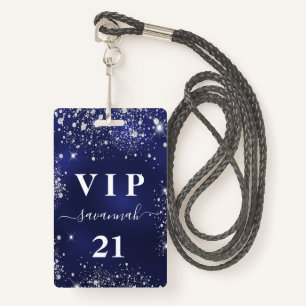 Birthday marvy blue zilver glitter vip uitnodiging badge