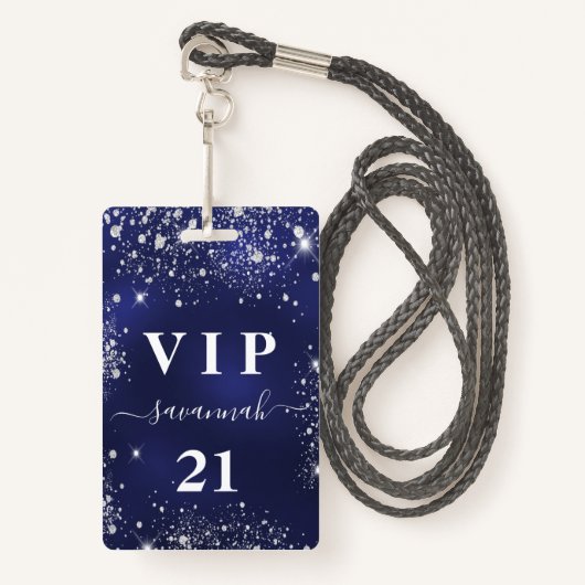 Birthday marvy blue zilver glitter vip uitnodiging badge (Voorkant met draagriem)