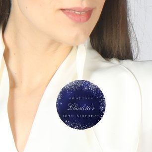 Birthday marvy blue zilverglitter ronde button 5,7 cm