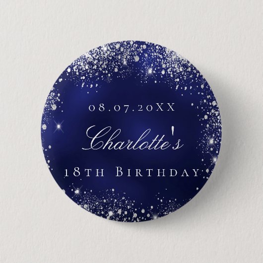 Birthday marvy blue zilverglitter ronde button 5,7 cm (Voorkant)