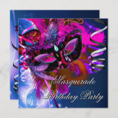 Birthday Masquerade Party Masker Blue Pink Kaart (Voorkant / Achterkant)