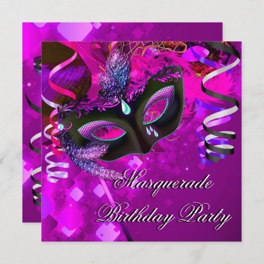 Birthday Masquerade Party Masker Paars Pink Kaart (Voorkant / Achterkant)