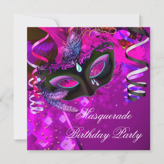 Birthday Masquerade Party Masker Paars Pink Kaart (Voorkant)