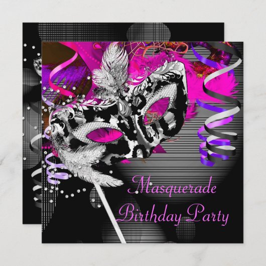 Birthday Masquerade Party Masker Silver Pink 2 Kaart (Voorkant / Achterkant)