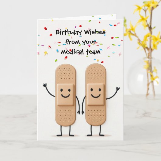 Birthday Medical Bandage Stick Figure People Kaart (Gele Bloem)