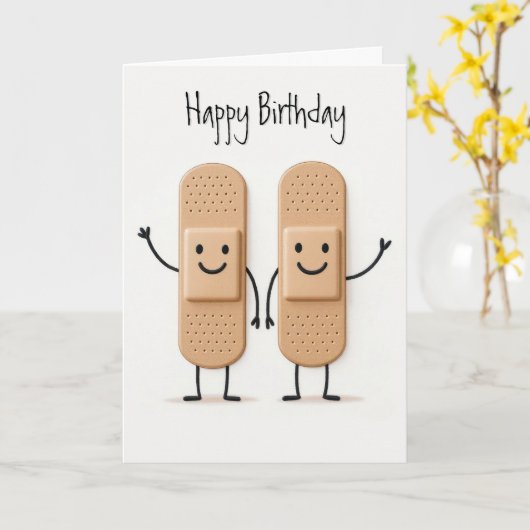 Birthday Medical Bandage Stick Figures People Kaart (Gele Bloem)