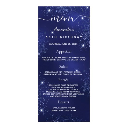 Birthday Menu blue glitter foto leuke feiten (Voorkant)