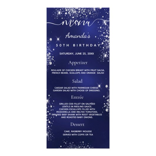 Birthday Menu blue Silver Glitter foto leuke feite (Voorkant)