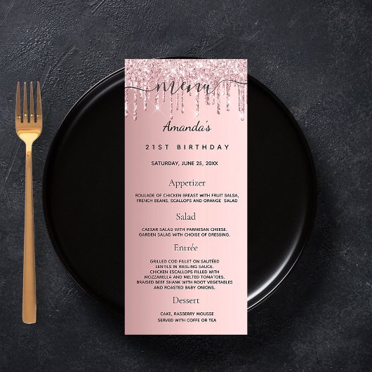Birthday Menu blush roze glitter dript monogram
