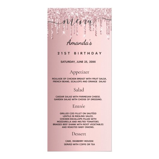 Birthday Menu blush roze glitter dript monogram (Voorkant)