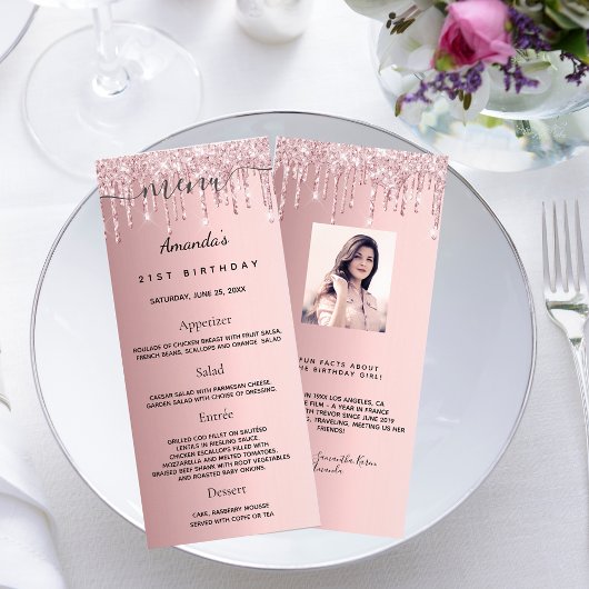 Birthday Menu blush roze glitter foto leuke feiten