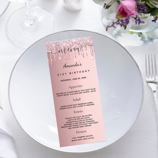 Birthday Menu blush roze glitter foto leuke feiten