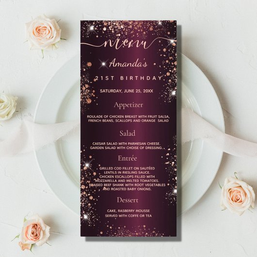 Birthday Menu burgundy roos Gold glitter
