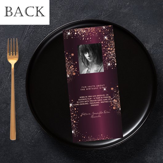 Birthday Menu burgundy roos goudfoto leuke feiten