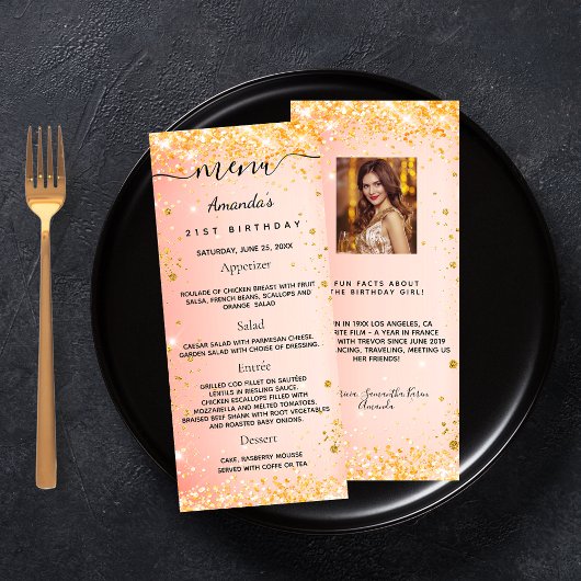 Birthday Menu oranje glitter foto leuke feiten