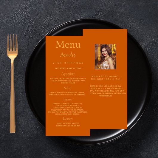 Birthday Menu oranje glitter foto leuke feiten