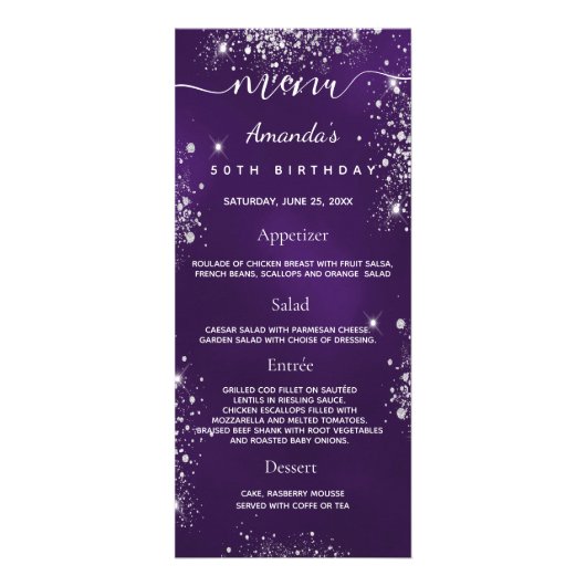 Birthday Menu paars Silver Glitter foto leuk feit (Voorkant)