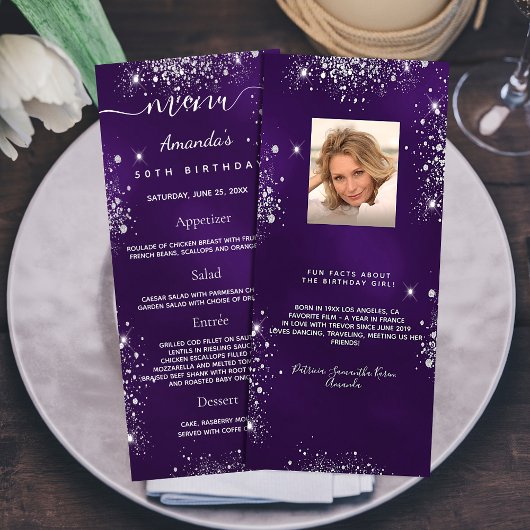 Birthday Menu paars Silver Glitter foto leuk feit