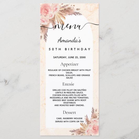 Birthday menu pampas gras goudflormerg roos (Voorkant)