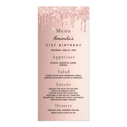 Birthday Menu roos goud glitter druipt leuke feite (Voorkant)