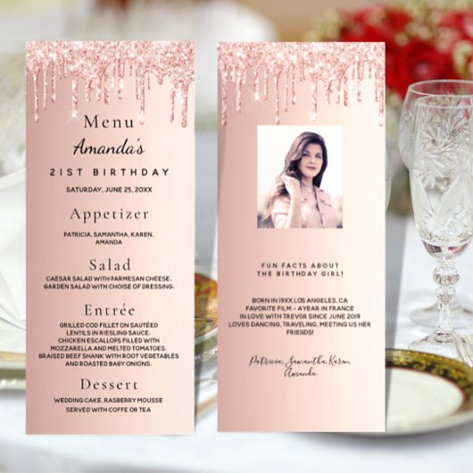 Birthday Menu roos goud glitter druipt leuke feite