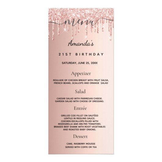 Birthday Menu roos goud glitter foto leuke feiten (Voorkant)