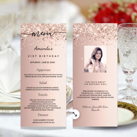 Birthday Menu roos goud glitter foto leuke feiten