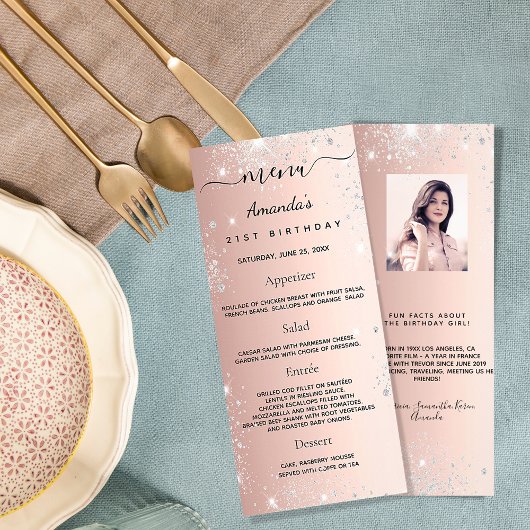 Birthday Menu roos goud glitter foto leuke feiten