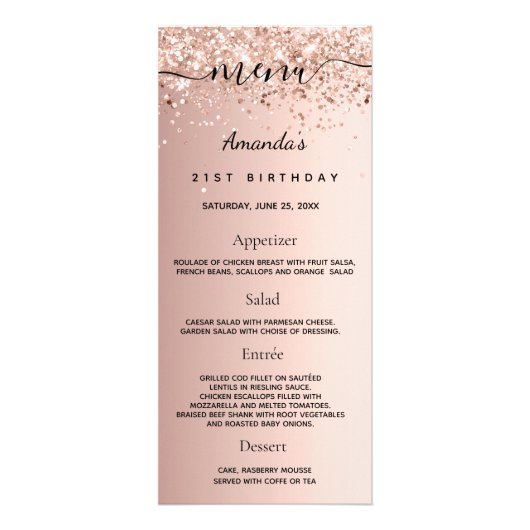 Birthday Menu roos goud glitter foto leuke feiten (Voorkant)